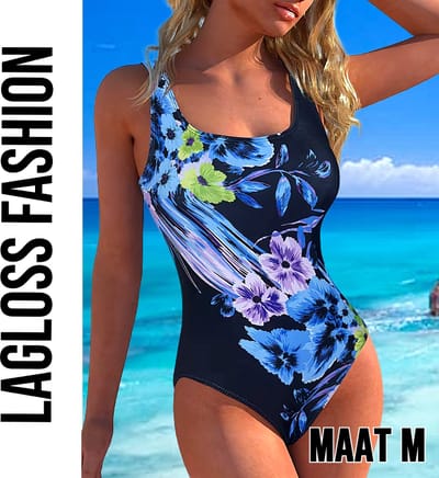 LaGloss® Dames Badpak Bloemenprint Blauw Zwart met Vierkante Halslijn – Zwempak – Beach Fashion – Strandmode – Zomer/Lente – Maat M