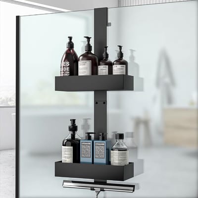 Quvo® Doucherek aan Douchewand - Hangend Badkamerrek – Deurrek Met Mandjes – Doucheplank – Ophangbaar Doucherek Zonder Boren - Zwart - 10cm x 26 x 64cm