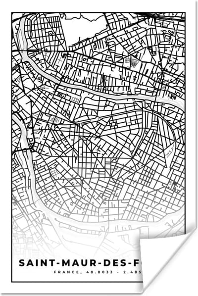 Poster Frankrijk - Kaart - Plattegrond - Stadskaart - Saint-Maur-des-Fossés - Zwart wit - 120x180 cm XXL