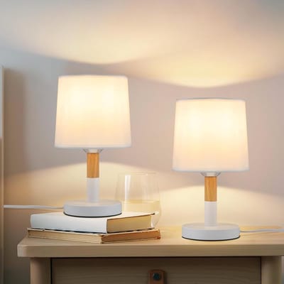 NEETLIFE Tafellamp Hout E27 - 2 Stuks - Wit - met Stoffen lampenkap - Moderne Nachtlamp - Landelijke Stijl Nachtlamp - voor Eetkamer | Landelijk | Slaapkamer | Restaurant-excl. lichtbron