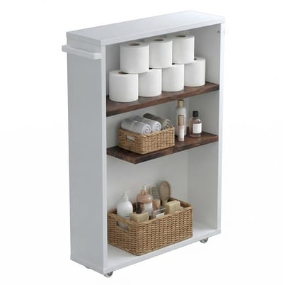 VCM Midischrank, schmaler Badschrank mit offenen Fächern, platzsparendes Nischenregal mit Rollen, 61 x 20 x 45 cm, Nilari