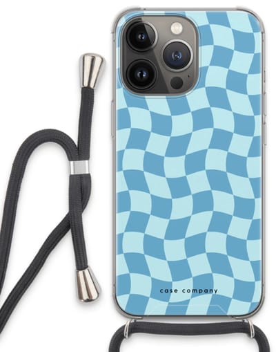 Case Company® - Hoesje met koord geschikt voor iPhone 13 Pro hoesje met Koord - Grid Blauw - Telefoonhoesje met Zwart Koord - Bescherming aan alle Kanten en Over de Schermrand
