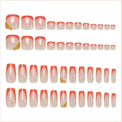 48 stuks/set Vierkante Nagelstickers, Oranje Franse Manicure, Bloemenpatroon, Volledige Dekking Kunstnagels, Voor Vrouwen Meisjes Zomer Manicure Nagelbenodigdheden