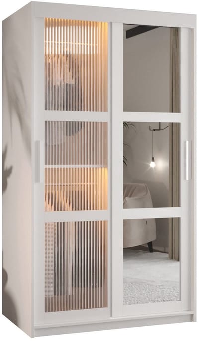 Zweefdeurkast Kledingkast met 2 schuifdeuren glanzen slaapkamerkast Kledingstang met planken Garderobekast met geribbeld glas - ARTON 2 (100 cm, Wit) met lades