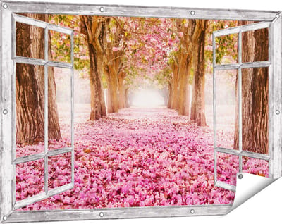 Gards Tuinposter Doorkijk Romantische Bomen Tunnel met Roze Anjers - 120x80 cm - Tuindoek - Tuindecoratie - Wanddecoratie buiten - Tuinschilderij