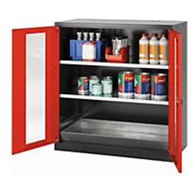 asecos CS-CLASSIC-G chemische voorraadkast, scharnierende deuren met glasuitsparing, voorzijde in verkeersrood, B 1055 x D 520 x H 1105 mm