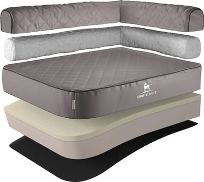 Knuffelwuff orthopedisch hoekhondenbed Winslow van laser-gewatteerd kunstleer L 85 x 63cm Leuning rechts