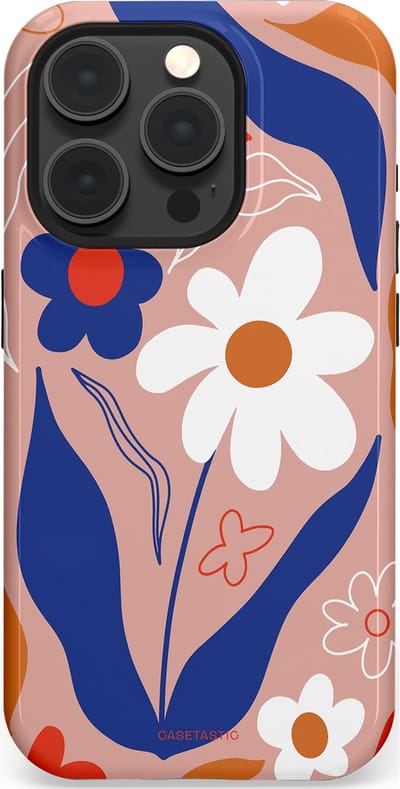Casetastic hoesje geschikt voor Apple iPhone 15 Pro - MagSafe - Dubbellaagse bescherming - Eenvoud in bloei - Fashion Case - Perzik Donkerblauw Wit