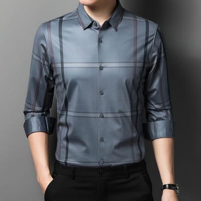 Herfst Nieuwe Vader Kleding Heren Lange Mouw Shirt Zakelijk Casual Geruit Ademend Mode Shirt Herenkleding Trend 4XL/58 gray