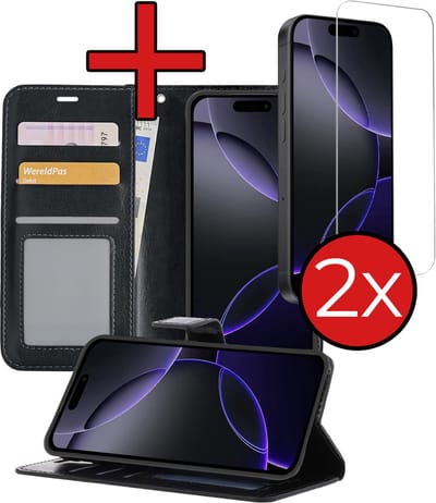Hoesje - Met 2x Screenprotector - Geschikt voor Apple iPhone 16 Pro - Luxe Pasjeshouder - Flip Case - Bookcase Portemonee - Kunstleer Book Case - Flipcase Hoes - Book Cover - Walletcase - Portemonneehoes - Telefoonhoes - Zwart