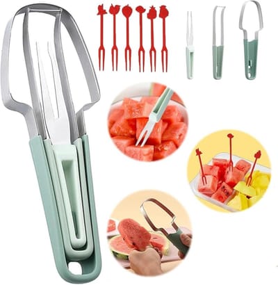 3 In 1 Meloensnijder - 1 stuk - Inclusief 6 fruitvorkjes - Watermeloen Cutter Slicer Tool - Fruitsnijder - Mesje - Toolsformen - Fruit - Snijden - Multifunctioneel Fruitmes - Draagbaar - Voor Watermeloen - Mango - Meloen