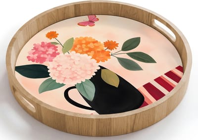 Dienblad rond 40x40 cm - Schootdienblad hout - Vaas - Bloemen - Vlinder - Rood - Borrelplank rechthoek - Plateau houten dienbladen