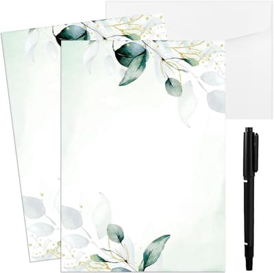 Allecta - Blanco Kaarten met Patroon en Enveloppen - Eucalyptusbladeren - Markeerset - Bruiloft, Verjaardag, Groet - 20 stuks