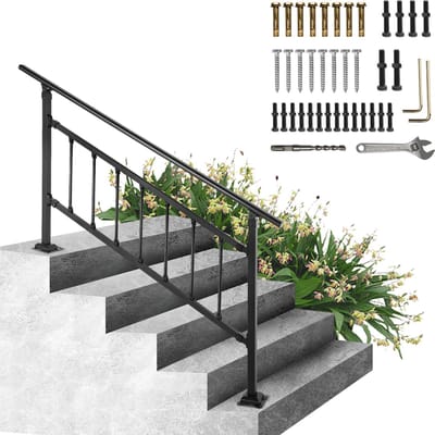 VEVOR Trapleuning, Geschikt voor 1-4 Treden Overgangs Smeedijzeren Trap Rail, Verstelbare Balustrade Trap Rail, Trapleuning Steun voor Betonnen Treden met Installatiekit, Mat Zwarte Buiten Trapleuning