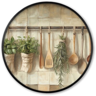 Poster in lijst Rond - Fotolijst 60x60 cm - Posters - Hout - Keukengerei - Stilleven - Tegels - Ronde posterlijst zwart - Decoratie - Wanddecoratie woonkamer - Muurdecoratie slaapkamer