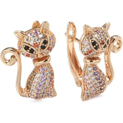 Boucles d'oreilles Chat Mignon Or Rose Tendance Pour Filles Boucles d'oreilles Zircon Naturel Noir Uniques Cadeaux de Noël pour Enfants Bijoux Animaux beige