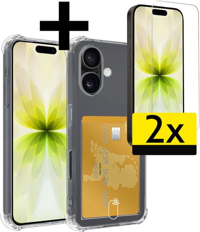 Hoesje - Geschikt voor Apple iPhone 17 - Met 2x Screenprotector - Pashouder - Kaarthouder - Telefoon Hoes Shockproof - Siliconen Case - Back Cover - Shock Proof - Pasjes Houder - Telefoonhoesjes - Transparant