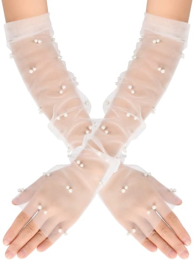 Dailygoods- Bruidshandschoenen lange vingerloos - Tule handschoenen - Transparante handschoenen - Kanten handschoenen - Parels - Exclusief ontwerp - Theepartijhandschoenen