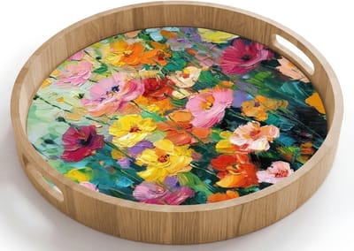 Dienblad rond 40x40 cm - Schootdienblad hout - Bloemen explosie - Heldere kleuren - Vrolijk - Borrelplank rechthoek - Plateau houten dienbladen