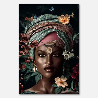 Poster op Papier - 40 x 60 cm - Vrouw met hoofddoek en bloemen - PosterJunkie