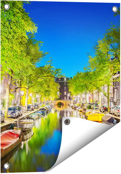 Gards Tuinposter Amsterdamse Gracht in de Nacht - 40x50 cm - Tuindoek - Tuindecoratie - Wanddecoratie buiten - Tuinschilderij
