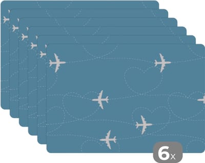 Placemat - Placemats kunststof - Vliegtuig - Hartje - Patronen - 45x30 cm - 6 stuks - Hittebestendig - Anti-Slip - Onderlegger - Afneembaar