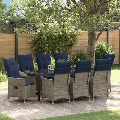 vidaXL - Tafel - en - stoelen - set - 9 - st - Grijs - PE - Riet