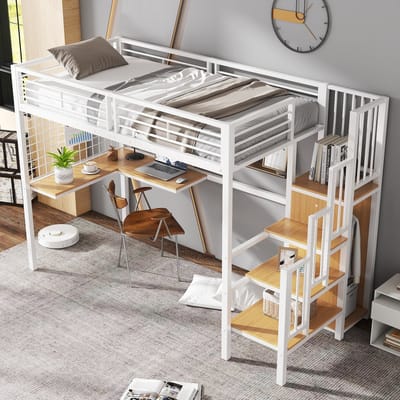 MODENUIT Hoogslaper 90x200 cm – Zijtrap met leuning – Kledingkast en tafel – Zonder matras – Metaal en hout – Wit/Naturel