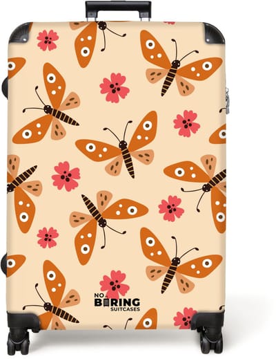 NoBoringSuitcases.com® - Koffer groot - Reiskoffer lichtgewicht - Oranje vlinders en roze bloemen op beige achtergrond - Rolkoffer met 4 wielen - Grote trolley XL - 98 liter bagage