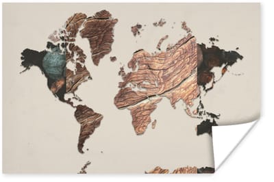 Poster Wereldkaart - Hout - Bruin - 180x120 cm XXL