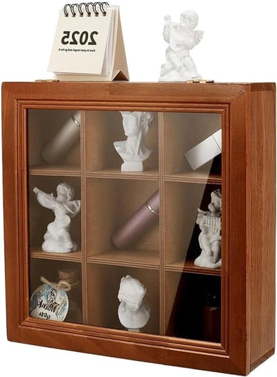 Mini-display met 9 vakken van hout en transparant deksel voor sieraden, armbanden, horloges en accessoires, 24 x 24 x 7 cm