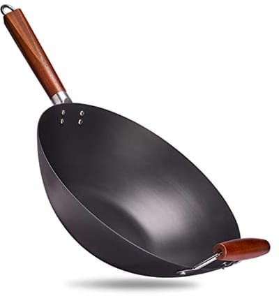 Traditionele carbon wok, diameter 36 cm, anti-aanbakwokpan met platte bodem, geschikt voor alle warmtebronnen, van koolstofstaal, ideale warmteverdeling, bijzonder licht, met houten handgrepen