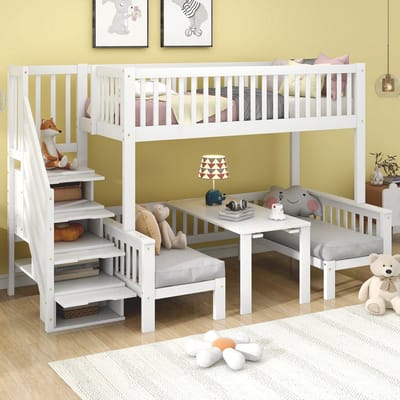 PHOEBE CAT Hoogslaper - 90x200 & 120x200 cm - Kinderbed - Verstelbaar bureau - Opbergruimte - Wit