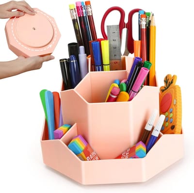 Draaibare pennenhouder, bureau-organizer, 9 vakken, verbeterde grote capaciteit, 360° draaibaar, kan potloden, kleurpotloden, verschillende schrijfwaren bevatten, roze