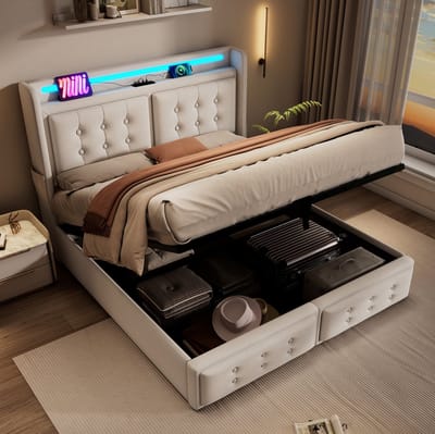 MEUNIQ gestoffeerd tweepersoons bed 160x200 met LED hoofdbord, stopcontact, USB-C en opbergruimte, lattenbodem van hout en metalen frame, beige slaapkamerbed