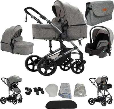 3-in-1 Kinderwagen - Trio Kinderwagen Pasgeborenen - Comfortabel Reizen Baby - Dubbele Duwmodus Verstelbaar - 4 Wielen - Grijs