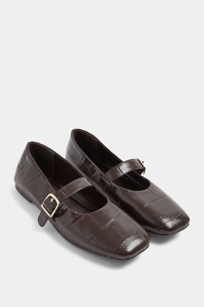 Yours Chocoladebruine Krokoprint Gesp Detail Mary Jane Flats In Wide E Fitsize 37E
