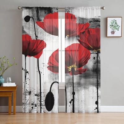 Inkt Schilderen Klaproos Rode Bloem Tule Gordijnen voor Woonkamer Slaapkamer Modern Voile Gordijn Keuken Chiffon Transparante Gordijnen 135W x 160H(cm)