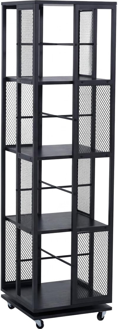Boekenrek MCW-P13, staand rek, draaibaar rek, zwenkwielen, metaal, industrieel melamine MVG 147x40x40cm ~ zwart