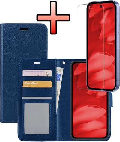 Hoesje - Met Screenprotector - Geschikt voor Google Pixel 9a - Luxe Pasjeshouder - Bookcase Portemonee - Flip Case - Kunstleer Book Case - Flipcase - Book Cover - Walletcase - Portemonneehoes - Donkerblauw
