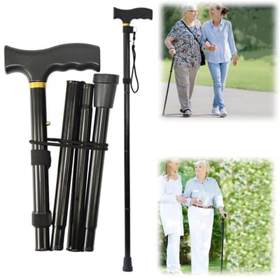 Kruk - trekkingstokken - opvouwbare wandelstokken - aluminiumlegering reis wandelstokken - Vijf verstelbare hoogtes - Met antislipvoet - Geschikt voor wandelen, reizen en trektochten (95*12 cm - Zwart)