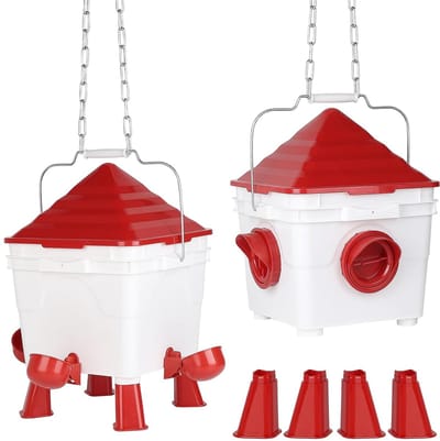 Automatische Drinkbak voor Kippen met Voedercontainer van 8 kg, 7 Liter Capaciteit, Hangbaar en Met Stalen Kettingen, Ideaal voor Pluimvee en Kippenvoer Dispenser (Set van 2)