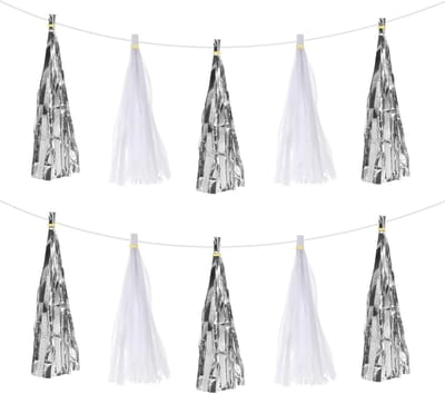 20 stuks glanzend zilver, slinger met witte kwasten, banner, kwastjes, zijdepapier, touw, knutselset voor feest, verjaardag, trouwdag, bruiloft