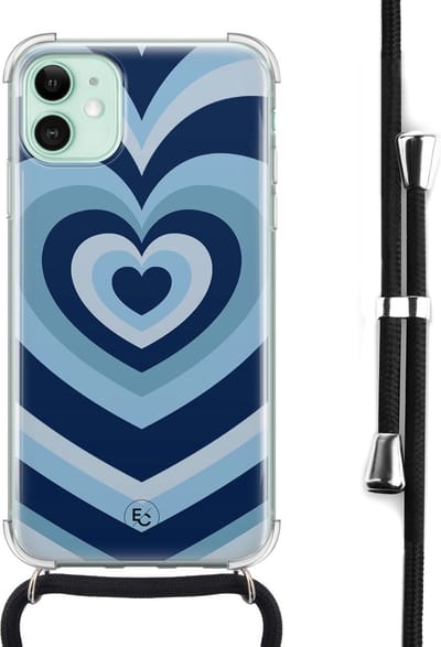 Hoesje met koord geschikt voor iPhone 11 - Hart blauw - Inclusief zwart koord - Crossbody beschermhoes - Transparant, Blauw - ELLECHIQ