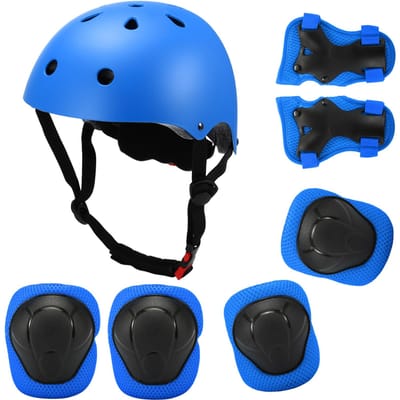 7-in-1 helm en beschermingsset voor kinderen, verstelbare kniebeschermers, elleboogbeschermers en polsbeschermers voor scooters, skateboards, rolschaatsen en fietsen. blauw