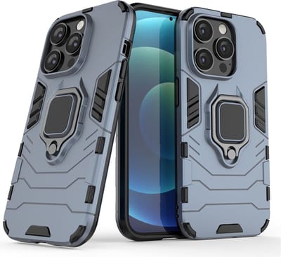 MobyDefend Hoesje - Geschikt voor iPhone 14 Pro - Dubbelgelaagde Pantsercase Met Standaard - Blauw