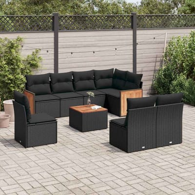 vidaXL - 9-delige - Loungeset - met - kussens - poly - rattan - zwart