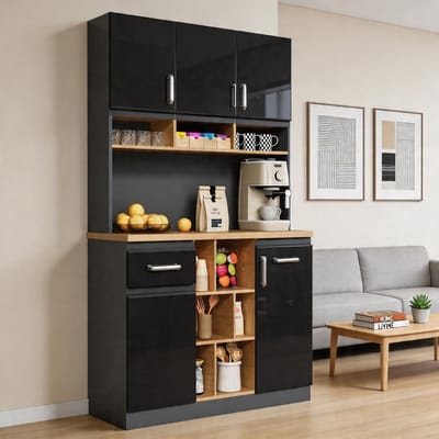KOMHTOM - Moderne keukenkast - Grijs en zwart - Metalen handgrepen - Verstelbare planken - Lades - Open opbergruimte - Kantelbeveiliging - 105x45x185 cm