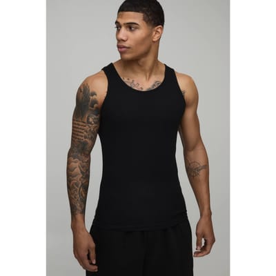 Essential Muscle Fit Ribbed Vest | Black | Size XS