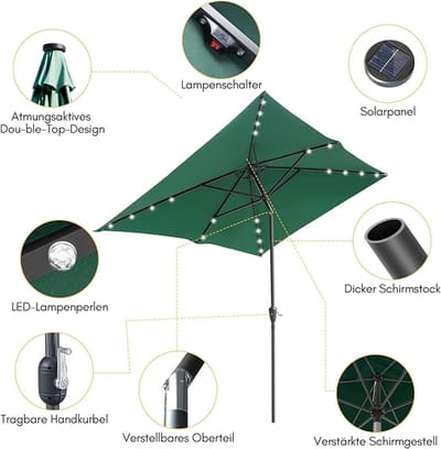 Tuinparasol rechthoekig 300x200 cm met LED zonnepaneel | 30° kantelbaar, UV50+ bescherming, waterdicht, terras- en balkonparasol | Depauwonen premium buitenparasol – Depauw
